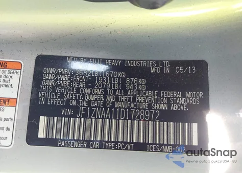 2013 Scion Fr-S 10 Series z USA, uszkodzony, nr VIN JF1ZNAA11D1728972